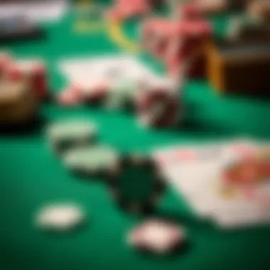 Game Chips and Cards Close-up of various casino game chips and cards on a green felt table.