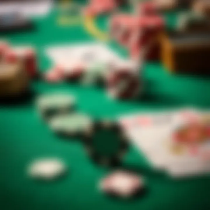 Game Chips and Cards Close-up of various casino game chips and cards on a green felt table.