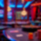 A vibrant casino-themed party setup with tables and decorations.