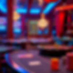 A vibrant casino-themed party setup with tables and decorations.