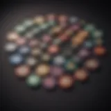 A collection of various types of poker chips displayed on a velvet table.