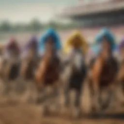 An overview of a horse racing track filled with excited spectators during a race.