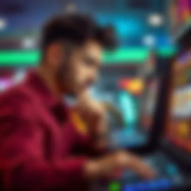 Strategic Player Engaging with Slot Machine App A strategic gamer contemplating their next move on a slot machine app