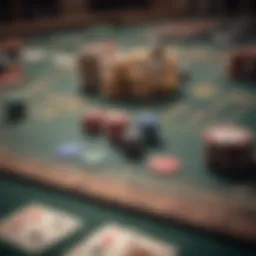 A vintage poker table set up for a game of Five-Card Stud Poker, complete with cards and chips.