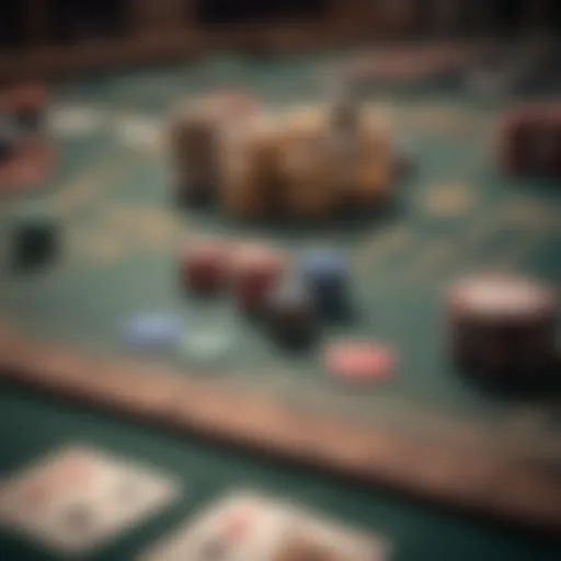 A vintage poker table set up for a game of Five-Card Stud Poker, complete with cards and chips.