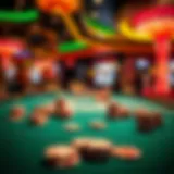 A captivating scene of a poker table with chips and cards in a vibrant casino setting