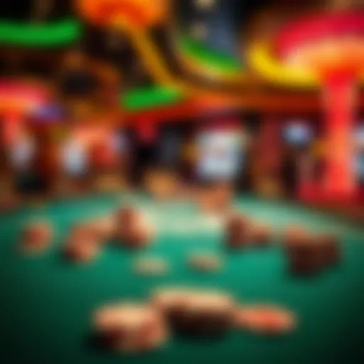 A captivating scene of a poker table with chips and cards in a vibrant casino setting