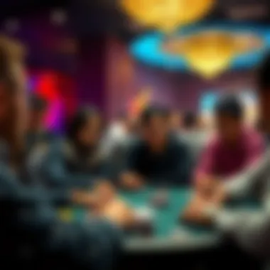 Strategic Engagement in Poker An engaging group of players immersed in a game of poker, demonstrating strategic thinking