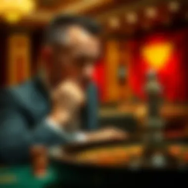 A focused gambler contemplating bet choices with chips in front of them