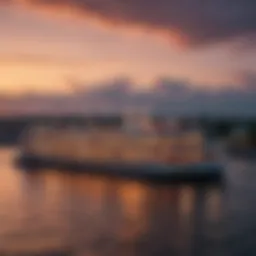 A majestic riverboat casino gliding on the Mississippi River at sunset