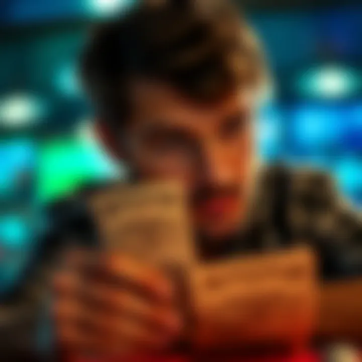 Strategic Analysis: The Art of Winning A strategic player analyzing scratch-off ticket patterns with a thoughtful expression.