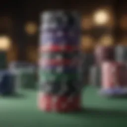 A close-up of poker chips stacked high on a table, symbolizing high-stakes gambling.